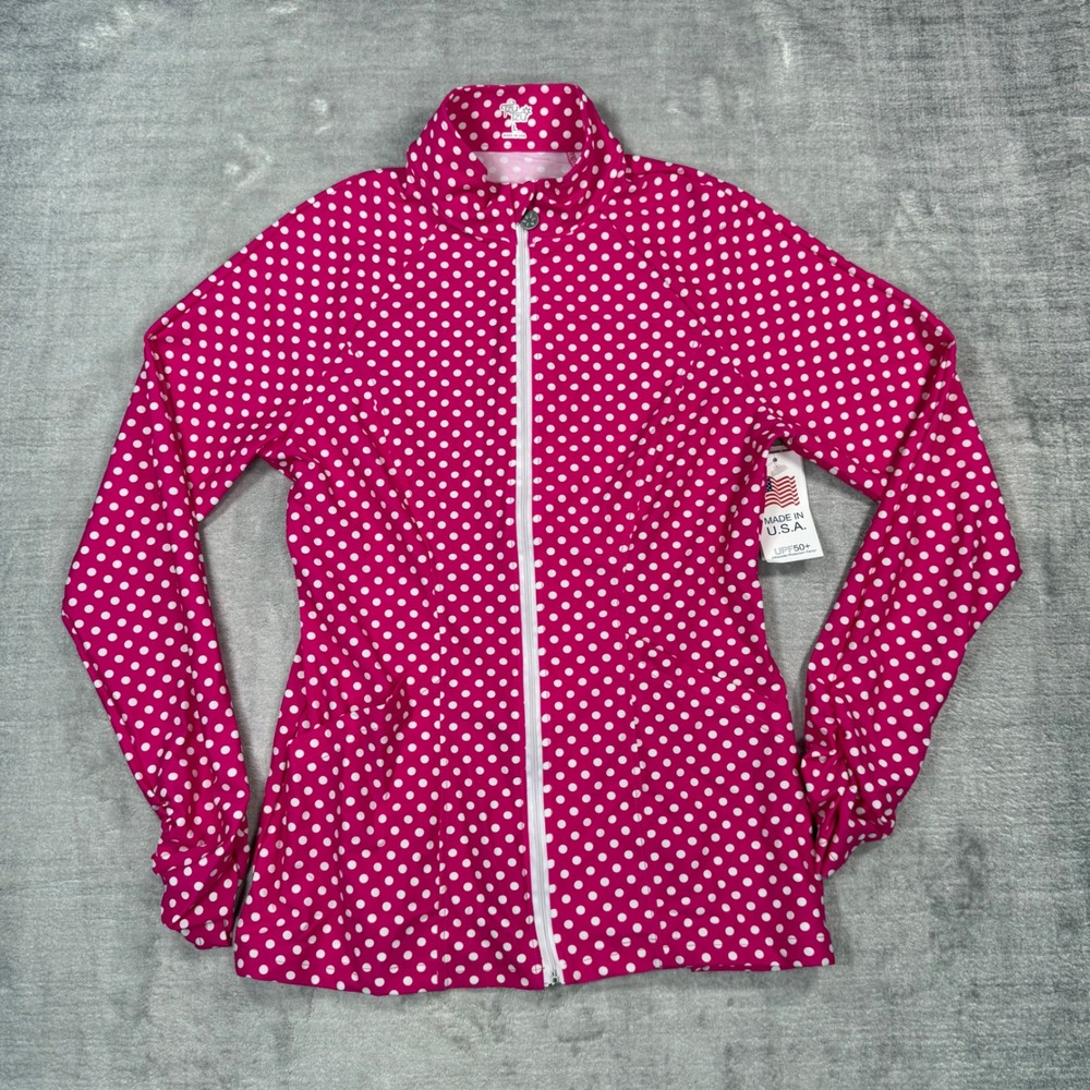 Tzu Tzu Sasha Jacket Women Large Pink Polka Dot UPF 50 Golf Tennis Performance